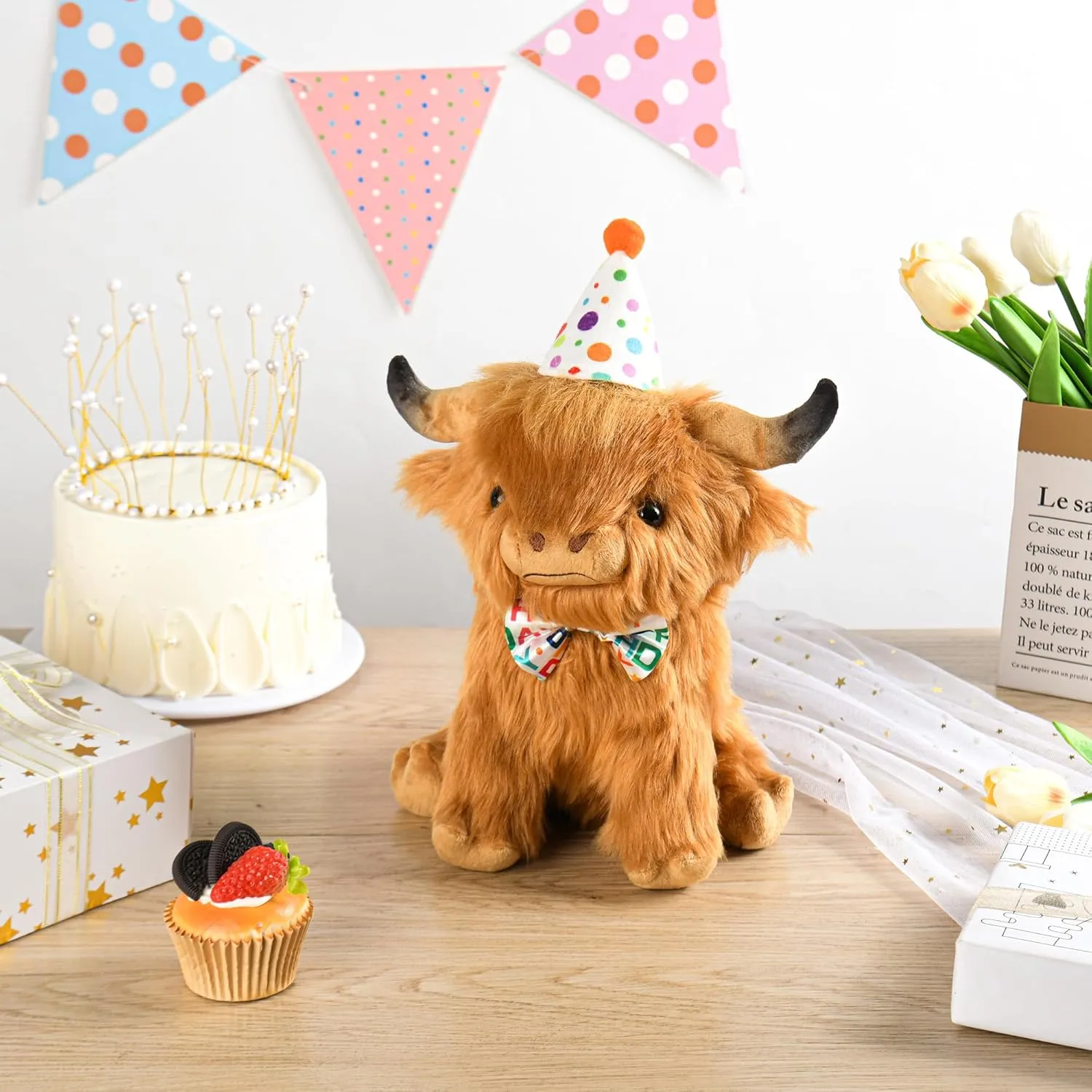 Happy Birthday Highland Cow Plush, Birthday Stuffed Animal, Soft Plushie Cute Cow Plush Pillow Gifts for Boys & Girls (9.8 Inch)