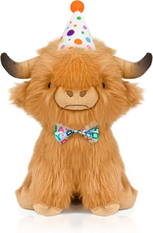 Happy Birthday Highland Cow Plush, Birthday Stuffed Animal, Soft Plushie Cute Cow Plush Pillow Gifts for Boys & Girls (9.8 Inch)