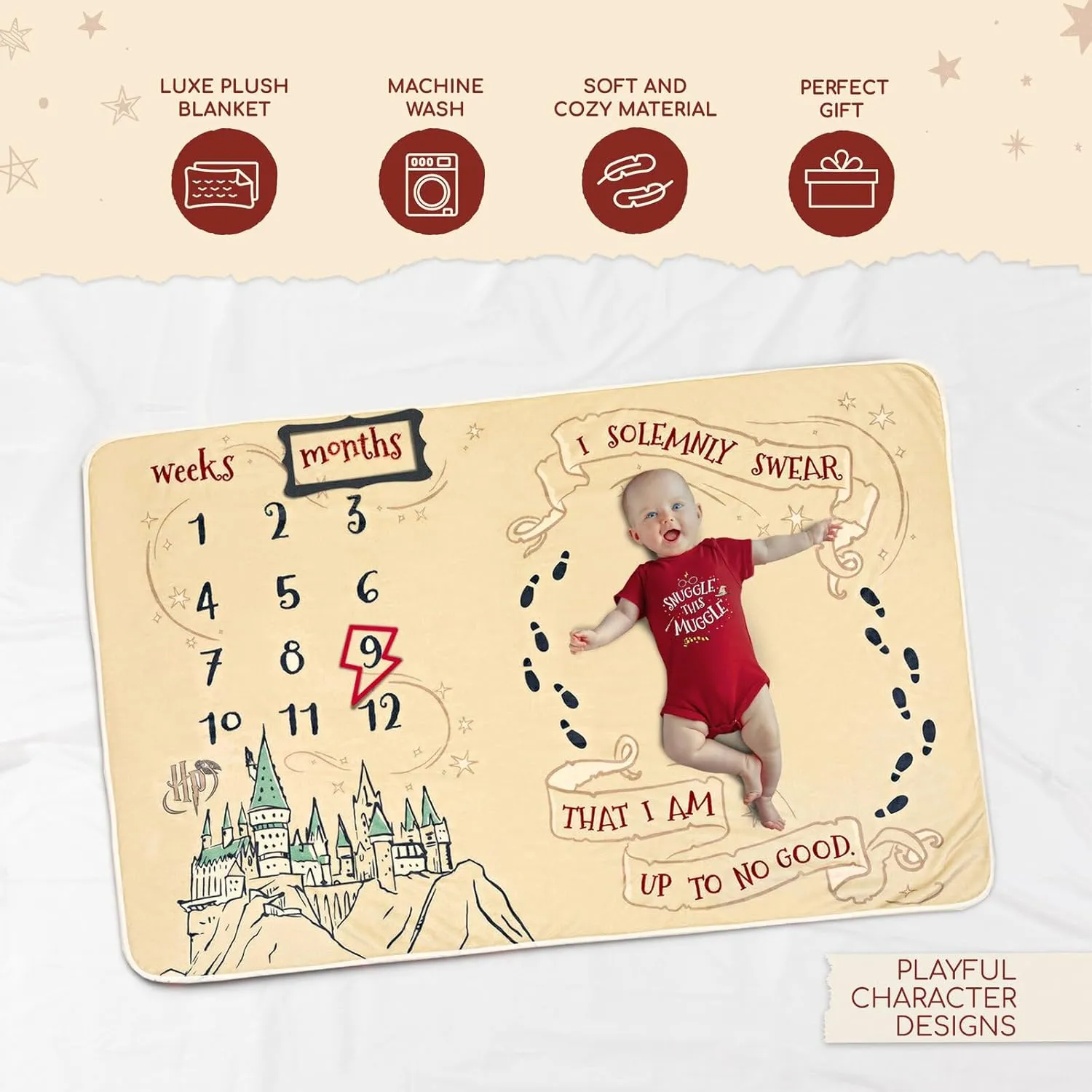 Harry Potter Baby Bodysuit and Monthly Milestone Blanket 4 Piece Newborn