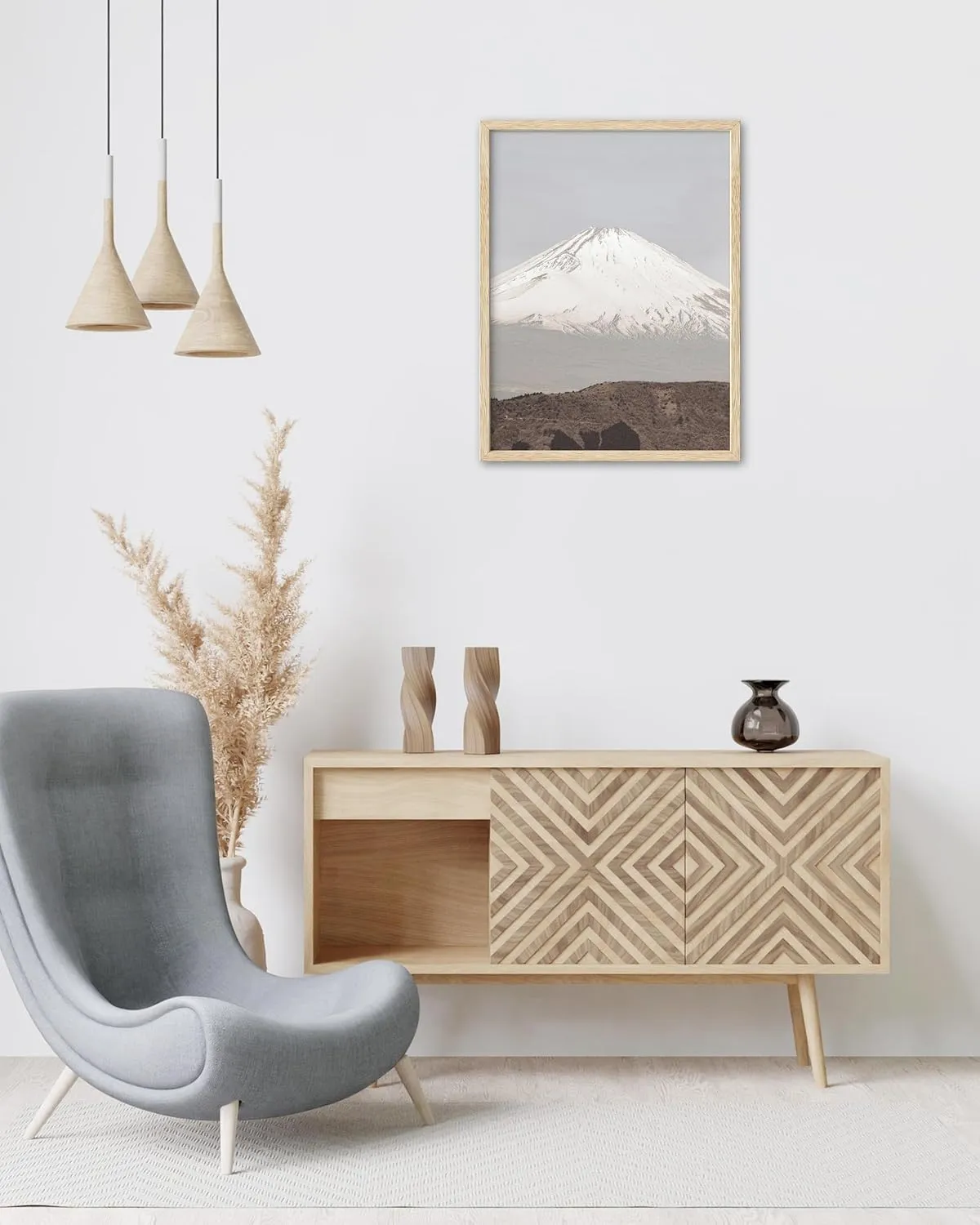 HesenDot Mount Fuji Framed Wall Art, 12x16in Snow-Capped Mountain Canvas Print,Natural OAK Wood Frame Wall Decor,Japanese Landscape Poster for Living Room Bedroom Office Home Decoration,Set of 1