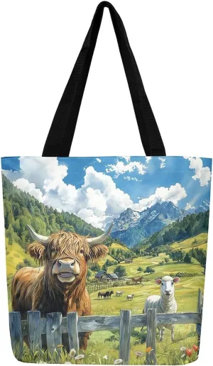 Highland Cattle Canvas Tote Bag,Western Farmhouse Travel Beach Bag,Large Capacity Grocery Bag for Shopping