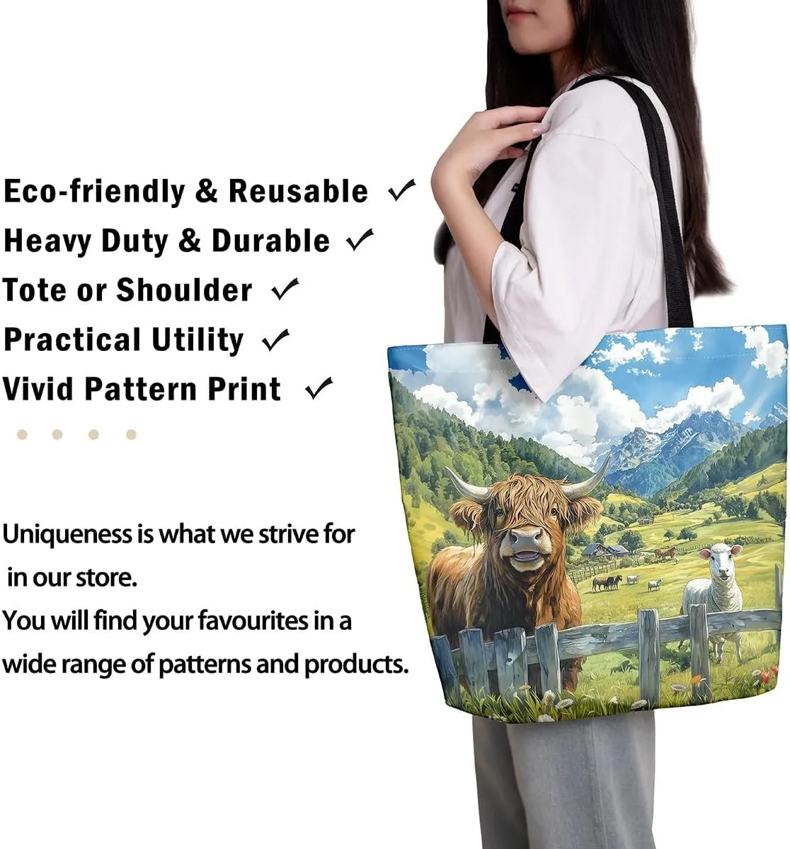 Highland Cattle Canvas Tote Bag,Western Farmhouse Travel Beach Bag,Large Capacity Grocery Bag for Shopping