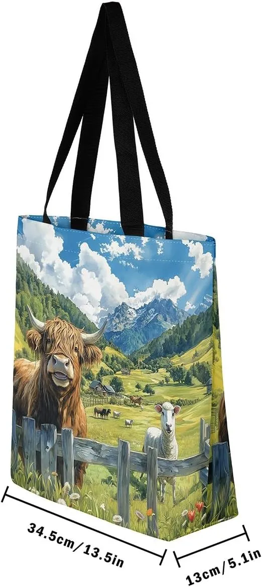 Highland Cattle Canvas Tote Bag,Western Farmhouse Travel Beach Bag,Large Capacity Grocery Bag for Shopping