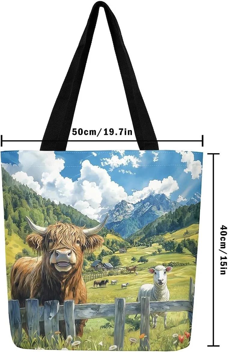 Highland Cattle Canvas Tote Bag,Western Farmhouse Travel Beach Bag,Large Capacity Grocery Bag for Shopping