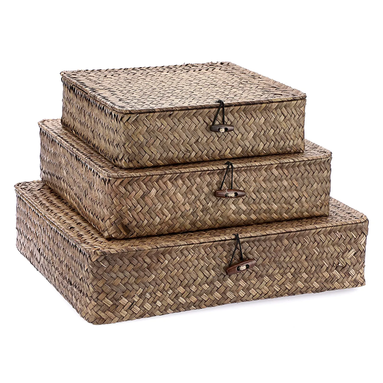 Hipiwe Flat Wicker Basket Bins with Lid - Set of 3 Handwoven Seagrass Storage Basket Shelf Baskets Boxes Multipurpose Home Organizer Bins Boxes for Shelf Pantry Closet,Large Size 14.8"x13" Coffee
