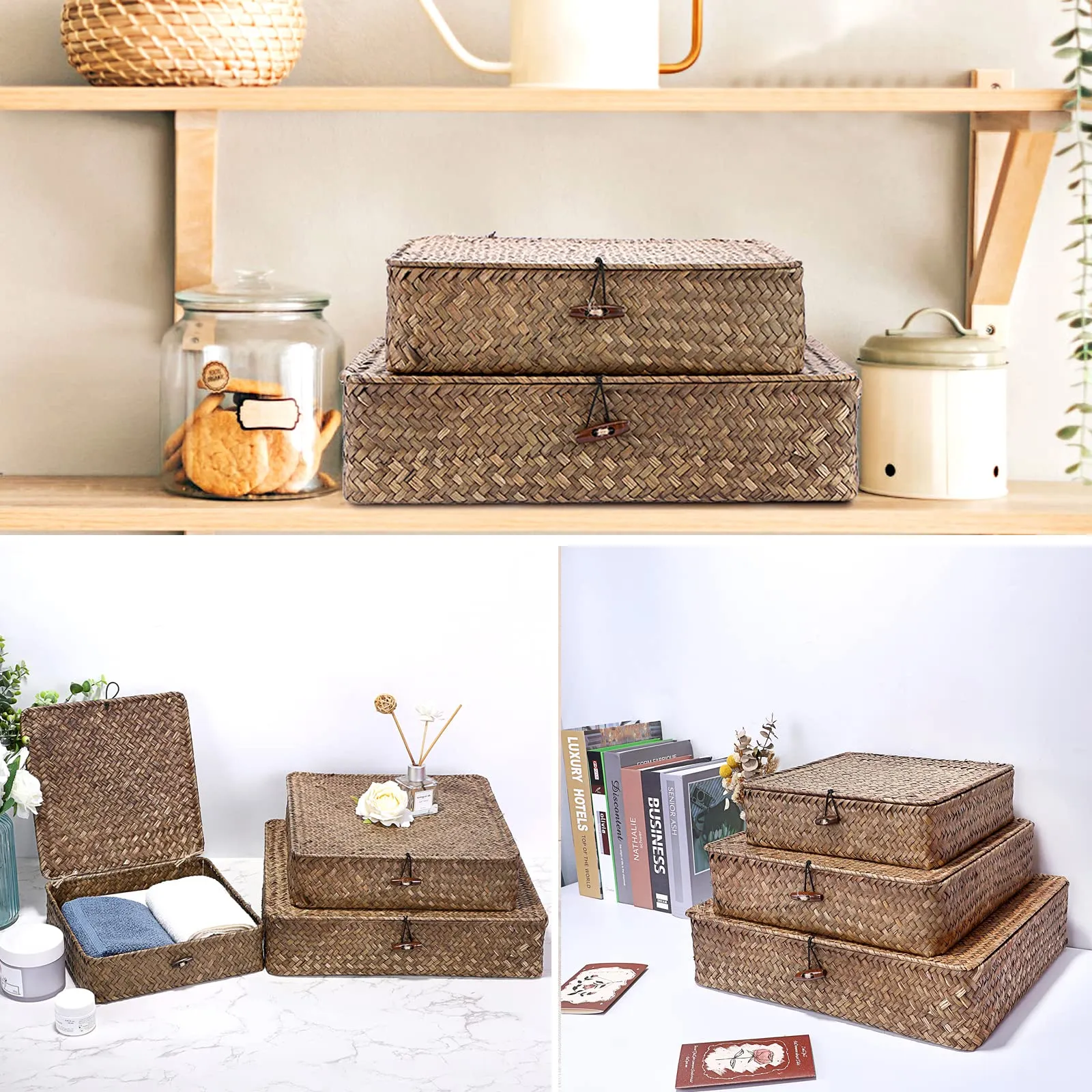 Hipiwe Flat Wicker Basket Bins with Lid - Set of 3 Handwoven Seagrass Storage Basket Shelf Baskets Boxes Multipurpose Home Organizer Bins Boxes for Shelf Pantry Closet,Large Size 14.8"x13" Coffee