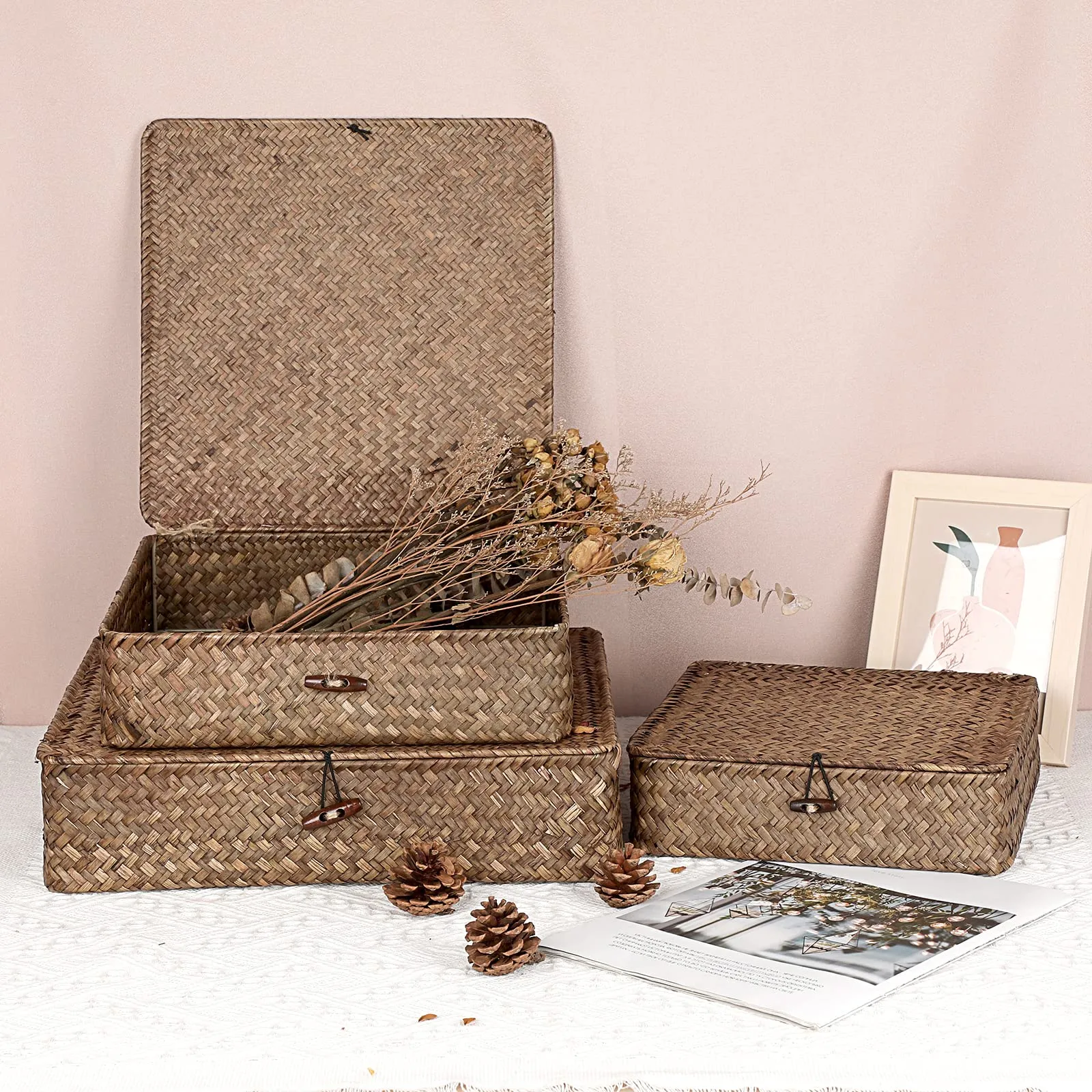 Hipiwe Flat Wicker Basket Bins with Lid - Set of 3 Handwoven Seagrass Storage Basket Shelf Baskets Boxes Multipurpose Home Organizer Bins Boxes for Shelf Pantry Closet,Large Size 14.8"x13" Coffee