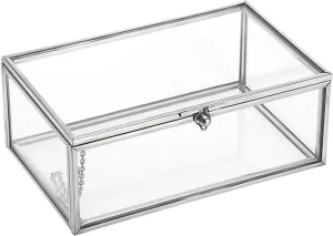 Hipiwe Vintage Glass Keepsake Box Rectangle Jewelry Display Organizer Box Vanity Lidded Box Home Decor Accent Decorative Box for Storage Trinket Rings Bracelet,Silver,Small