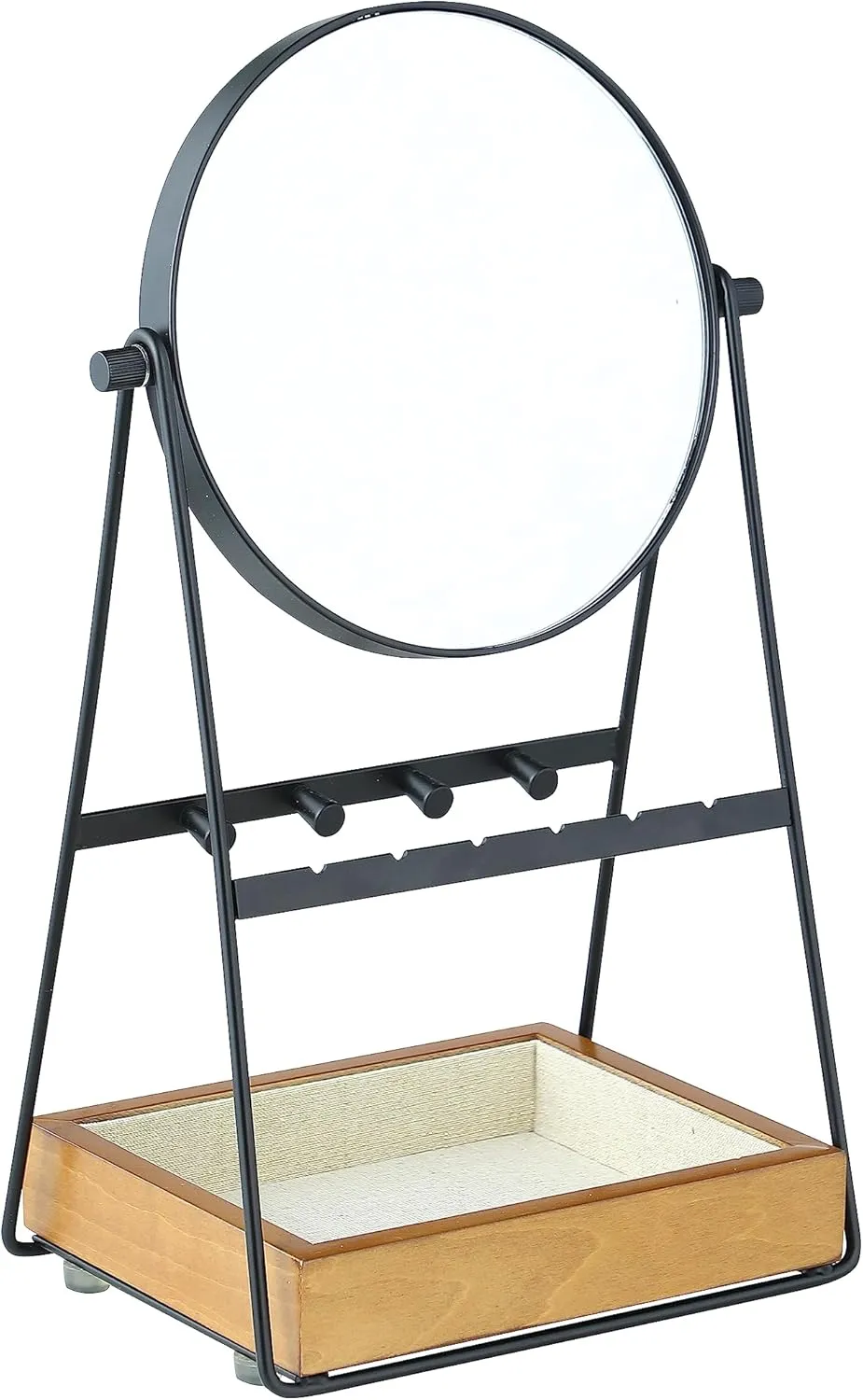 Hives and Honey Kenna Tabletop Mirror – Round Vanity Mirror with Jewelry Organizer and Storage – Black Matte Finish with Walnut Base