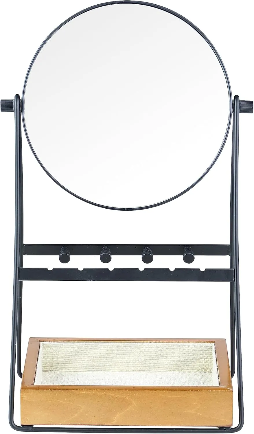 Hives and Honey Kenna Tabletop Mirror – Round Vanity Mirror with Jewelry Organizer and Storage – Black Matte Finish with Walnut Base