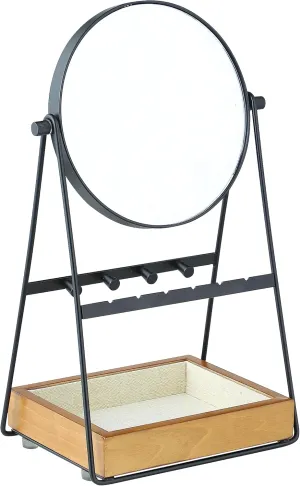 Hives and Honey Kenna Tabletop Mirror – Round Vanity Mirror with Jewelry Organizer and Storage – Black Matte Finish with Walnut Base