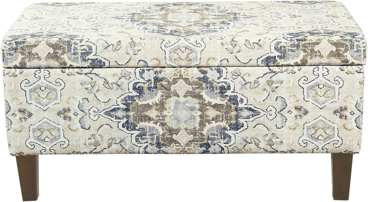 HomePop Ottomon Upholstered Rectangular Storage Ottoman Bench with Hinged Lid, Antiqued Medallion Print Ebony and Cream