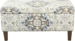 HomePop Ottomon Upholstered Rectangular Storage Ottoman Bench with Hinged Lid, Antiqued Medallion Print Ebony and Cream