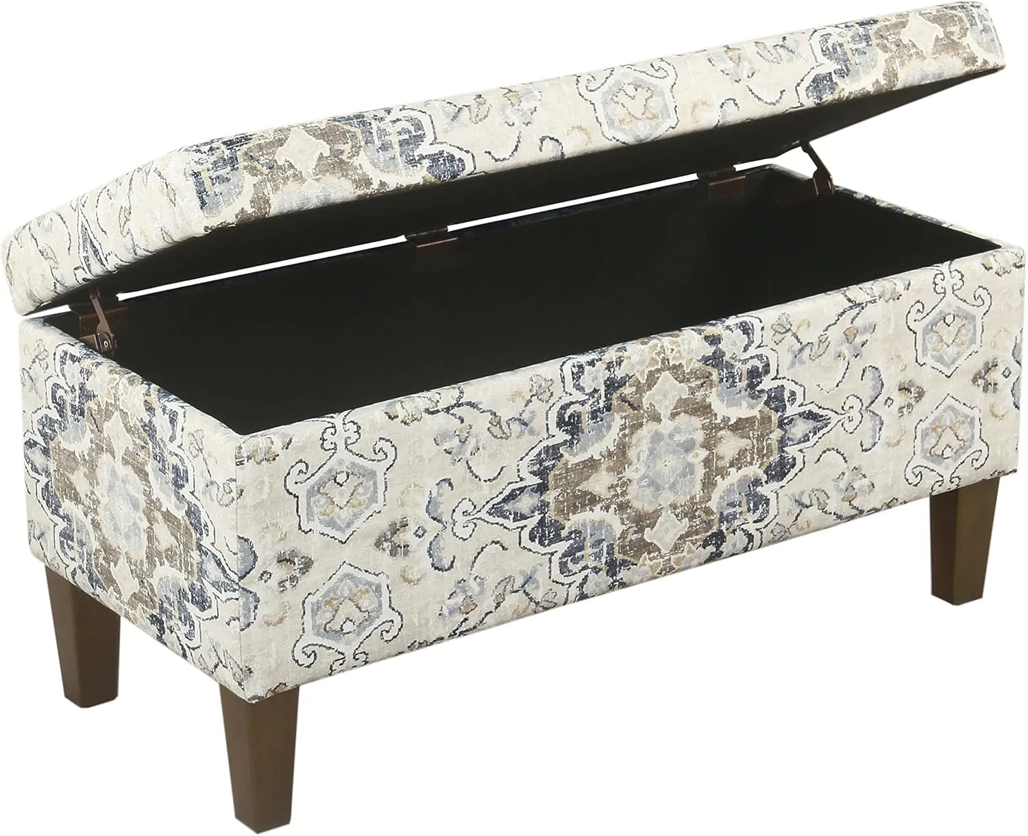 HomePop Ottomon Upholstered Rectangular Storage Ottoman Bench with Hinged Lid, Antiqued Medallion Print Ebony and Cream