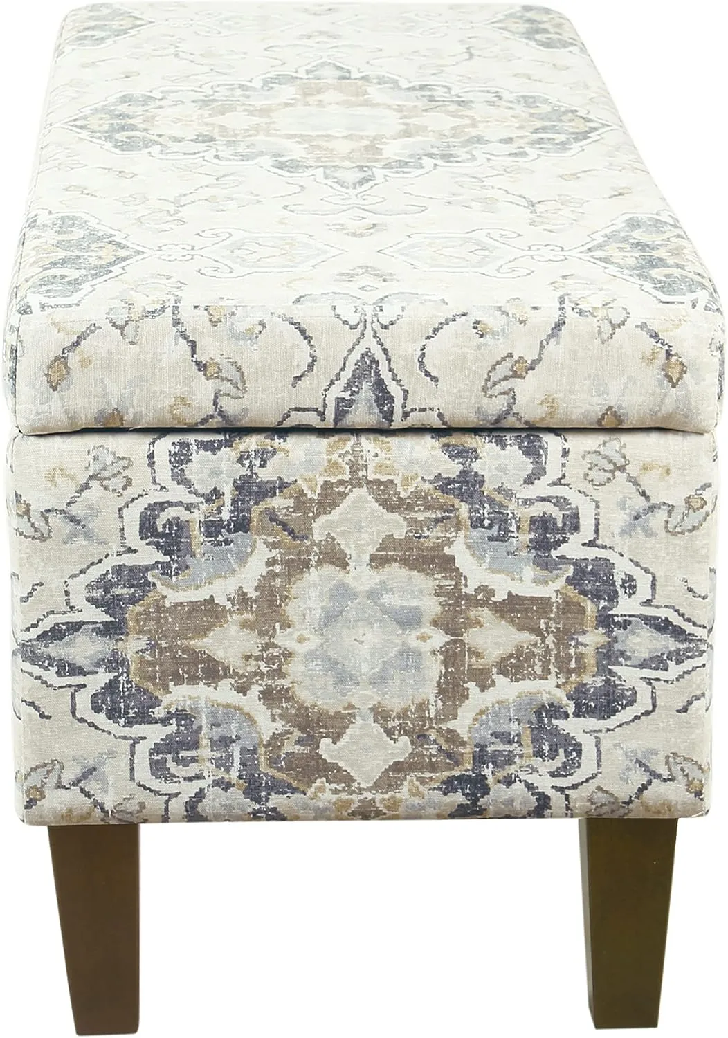 HomePop Ottomon Upholstered Rectangular Storage Ottoman Bench with Hinged Lid, Antiqued Medallion Print Ebony and Cream
