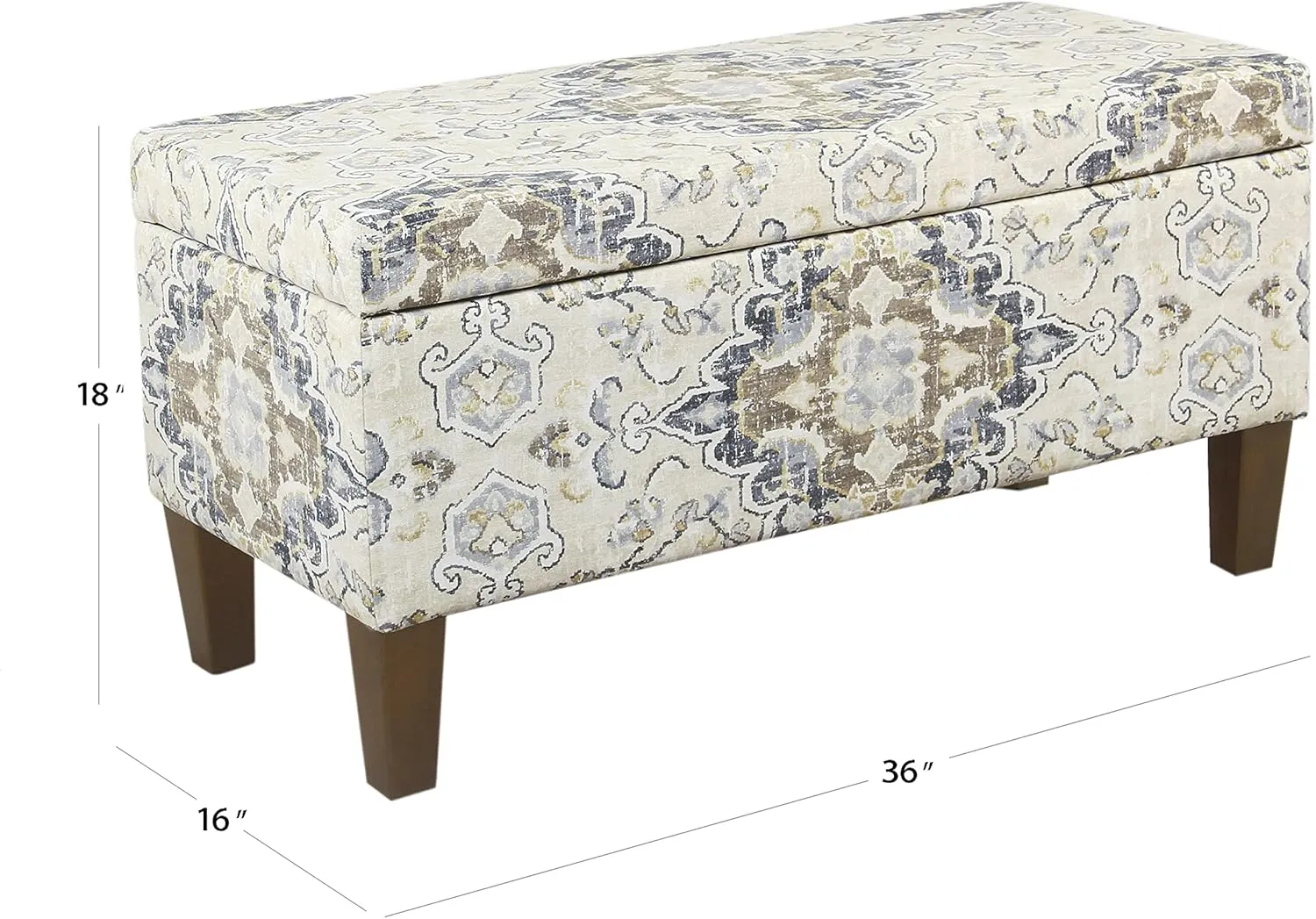 HomePop Ottomon Upholstered Rectangular Storage Ottoman Bench with Hinged Lid, Antiqued Medallion Print Ebony and Cream