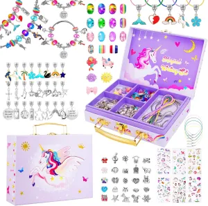 homicozy DIY Charm Bracelet Making Kit for Girls with A Unicorn Compartment Storage Box, Jewelry Making Kit Craft Beads, Necklace, Ring, Christmas Birthday Unicorn Gifts Toy for Girls 4-12
