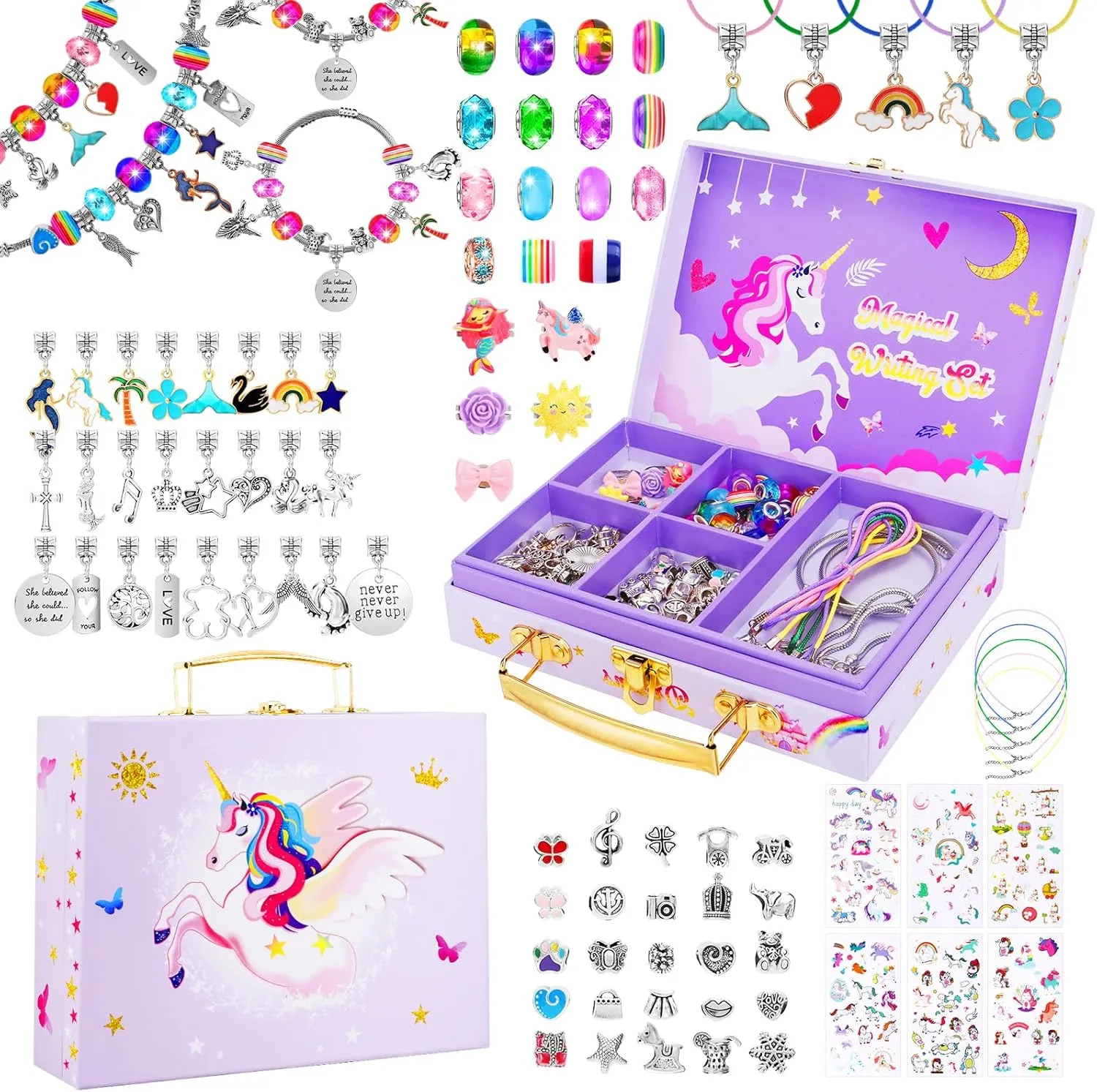 homicozy DIY Charm Bracelet Making Kit for Girls with A Unicorn Compartment Storage Box, Jewelry Making Kit Craft Beads, Necklace, Ring, Christmas Birthday Unicorn Gifts Toy for Girls 4-12