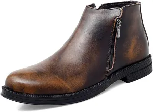 HOOENG Round Toe Ankle Boots for Men Double Side Zip Retro Cowhide Leather Slip on Waterproof Wearable Non Slip Work Fashion (Color : Brown, Size : 8)