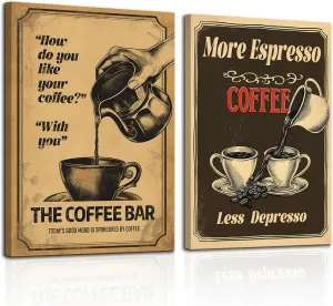 HTTART Vintage Coffee Canvas Wall Art, More Espresso Less Depresso Coffee Poster, Retro Coffee Cups Picture, Cafe Bar Wall Decor, Retro Kitchen Decor Artwork Framed 12"x16" Set of 2