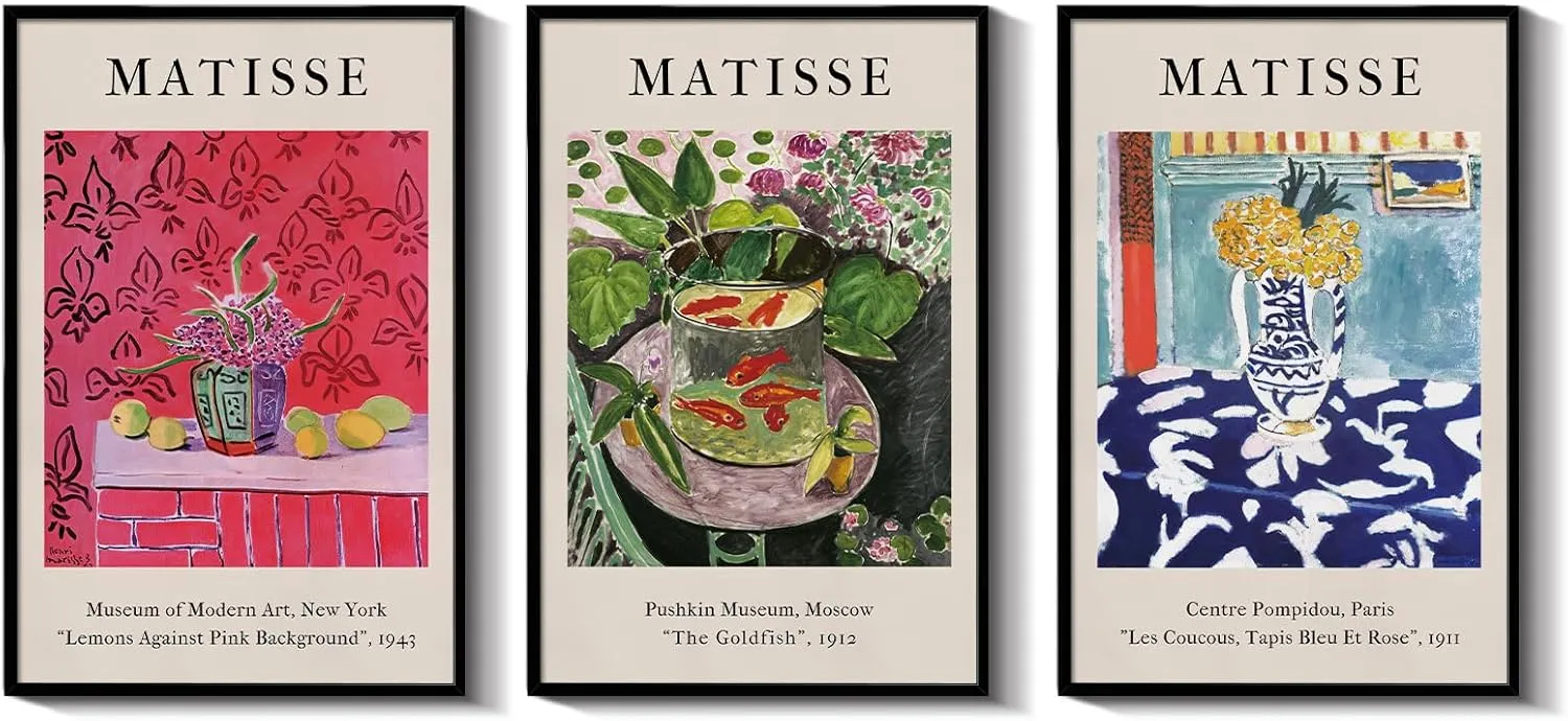 HUARCEY Henri Matisse Framed Wall Art Set of 3 Large 16“x24” Prints, Modern Abstract Minimalist Canvas Paintings with Alloy Frames, Vibrant Artwork for Living Room Home Office Bedroom Decor