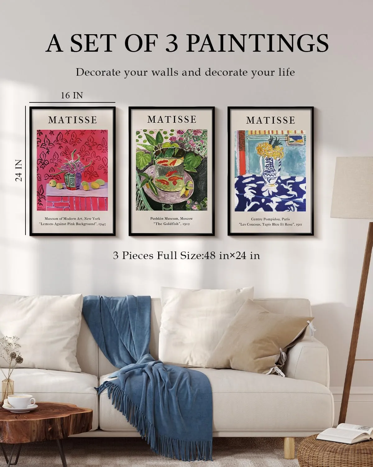 HUARCEY Henri Matisse Framed Wall Art Set of 3 Large 16“x24” Prints, Modern Abstract Minimalist Canvas Paintings with Alloy Frames, Vibrant Artwork for Living Room Home Office Bedroom Decor