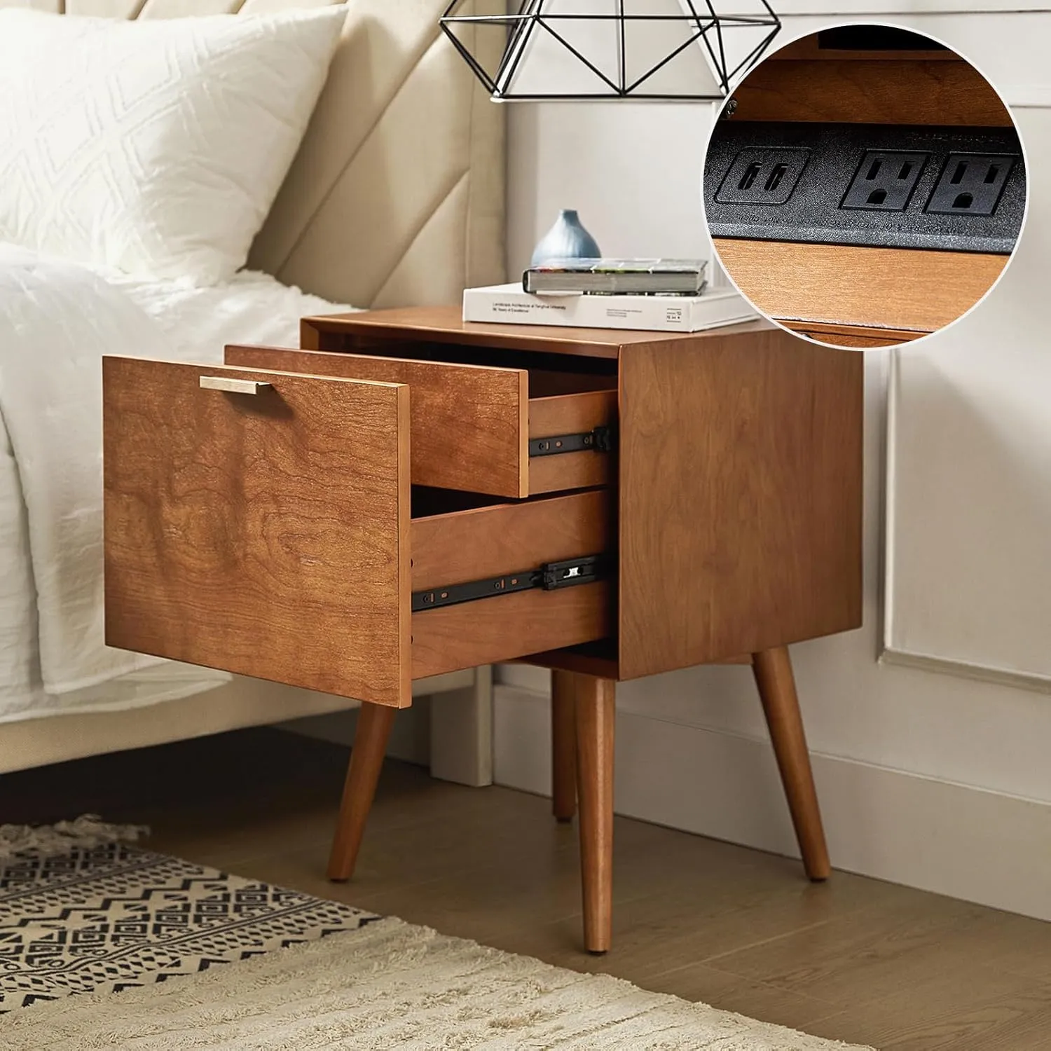 HULALA HOME Nightstand with Charging Station, Mid-Century Modern Nightstands, Wood Night Stand with USB Ports and Outlets for Bedroom, Acorn