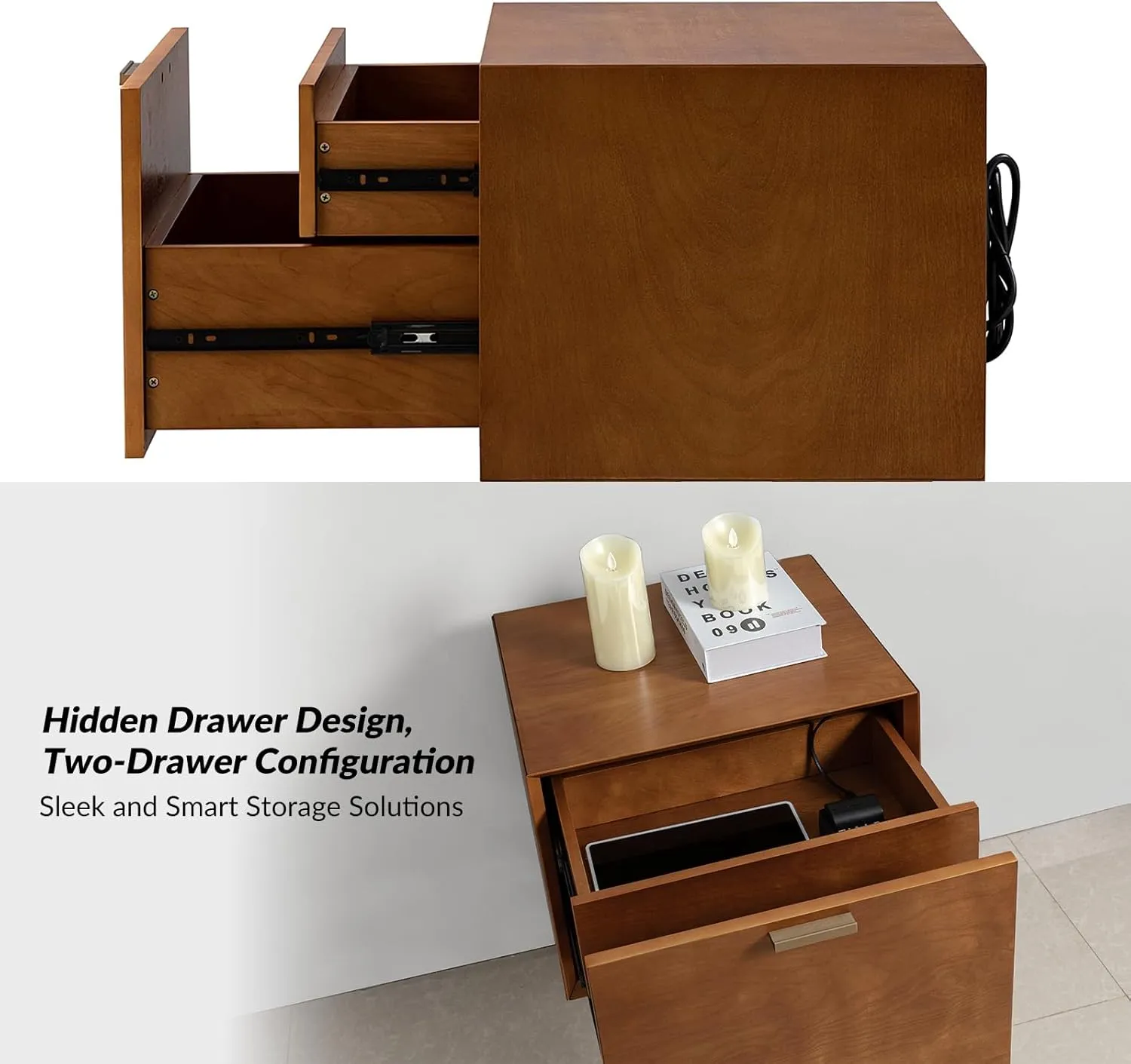 HULALA HOME Nightstand with Charging Station, Mid-Century Modern Nightstands, Wood Night Stand with USB Ports and Outlets for Bedroom, Acorn