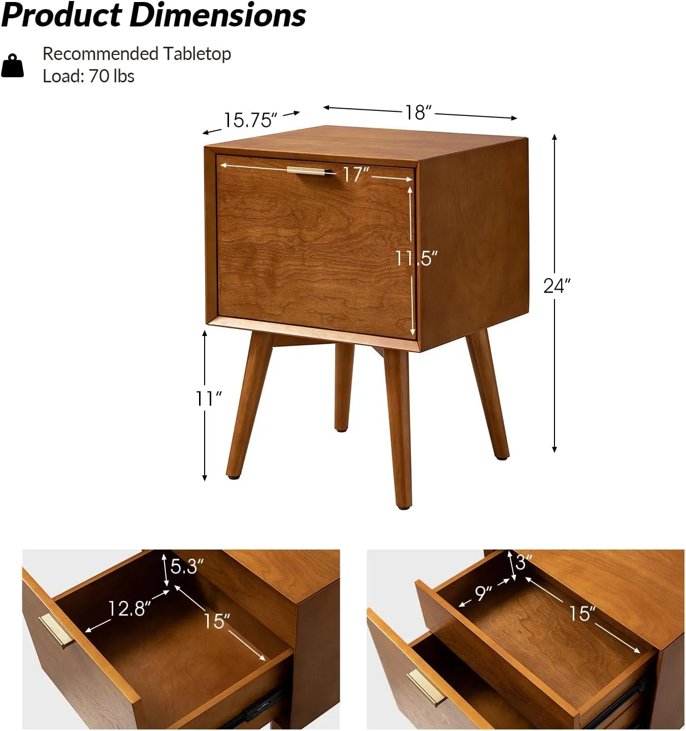 HULALA HOME Nightstand with Charging Station, Mid-Century Modern Nightstands, Wood Night Stand with USB Ports and Outlets for Bedroom, Acorn
