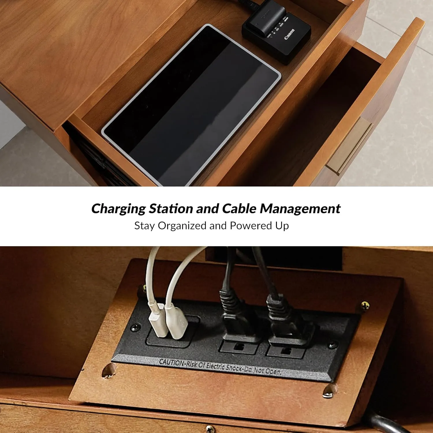 HULALA HOME Nightstand with Charging Station, Mid-Century Modern Nightstands, Wood Night Stand with USB Ports and Outlets for Bedroom, Acorn