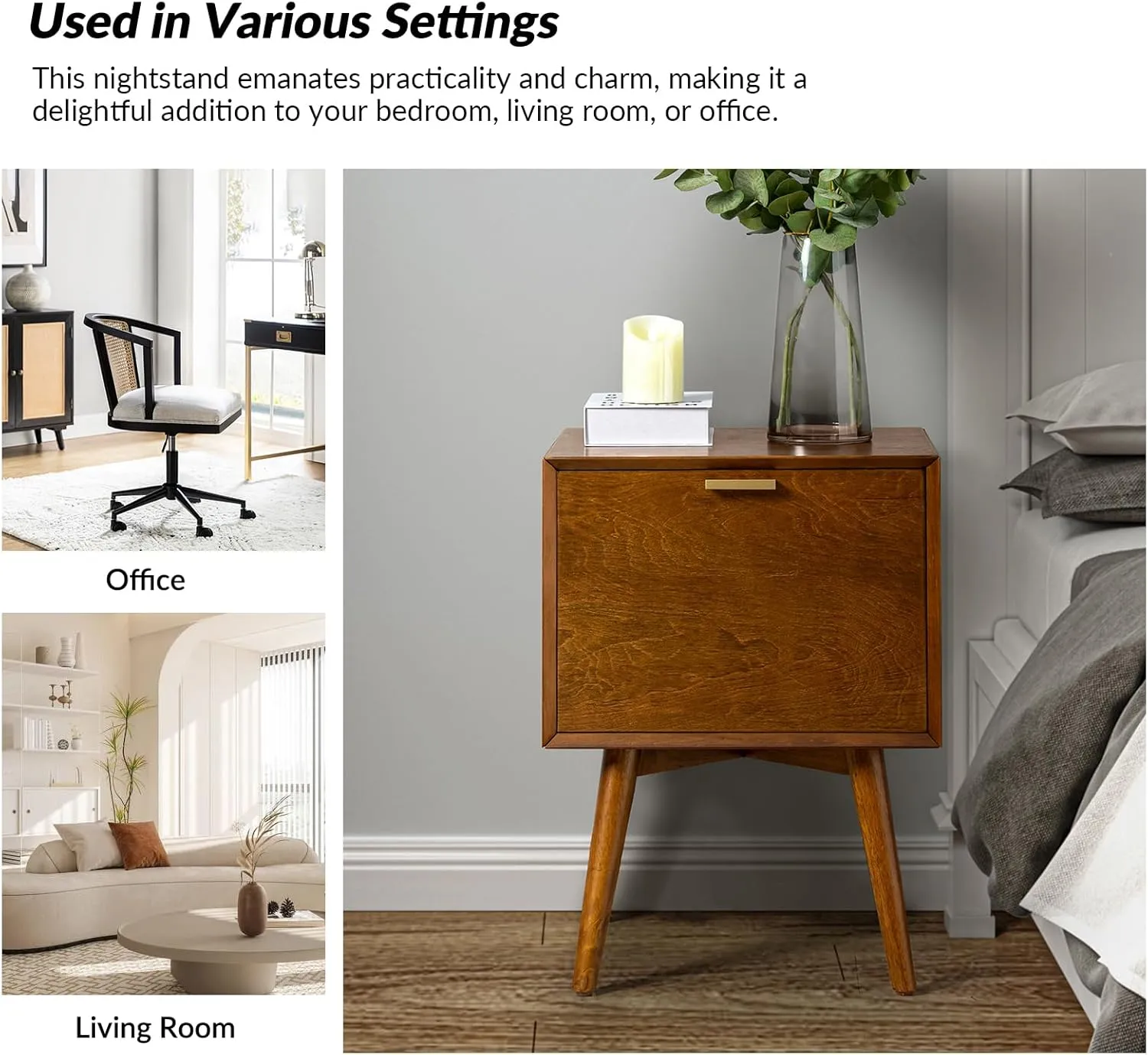 HULALA HOME Nightstand with Charging Station, Mid-Century Modern Nightstands, Wood Night Stand with USB Ports and Outlets for Bedroom, Acorn