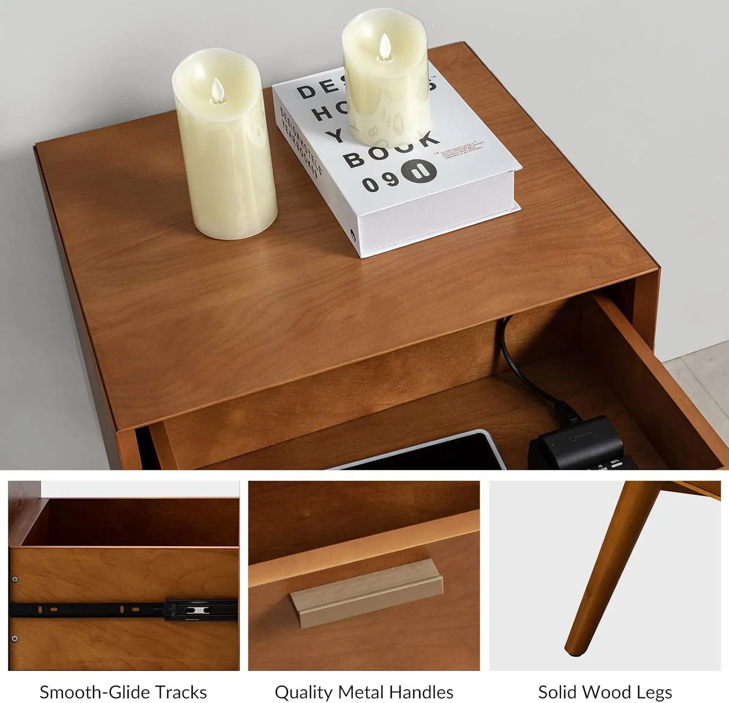 HULALA HOME Nightstand with Charging Station, Mid-Century Modern Nightstands, Wood Night Stand with USB Ports and Outlets for Bedroom, Acorn