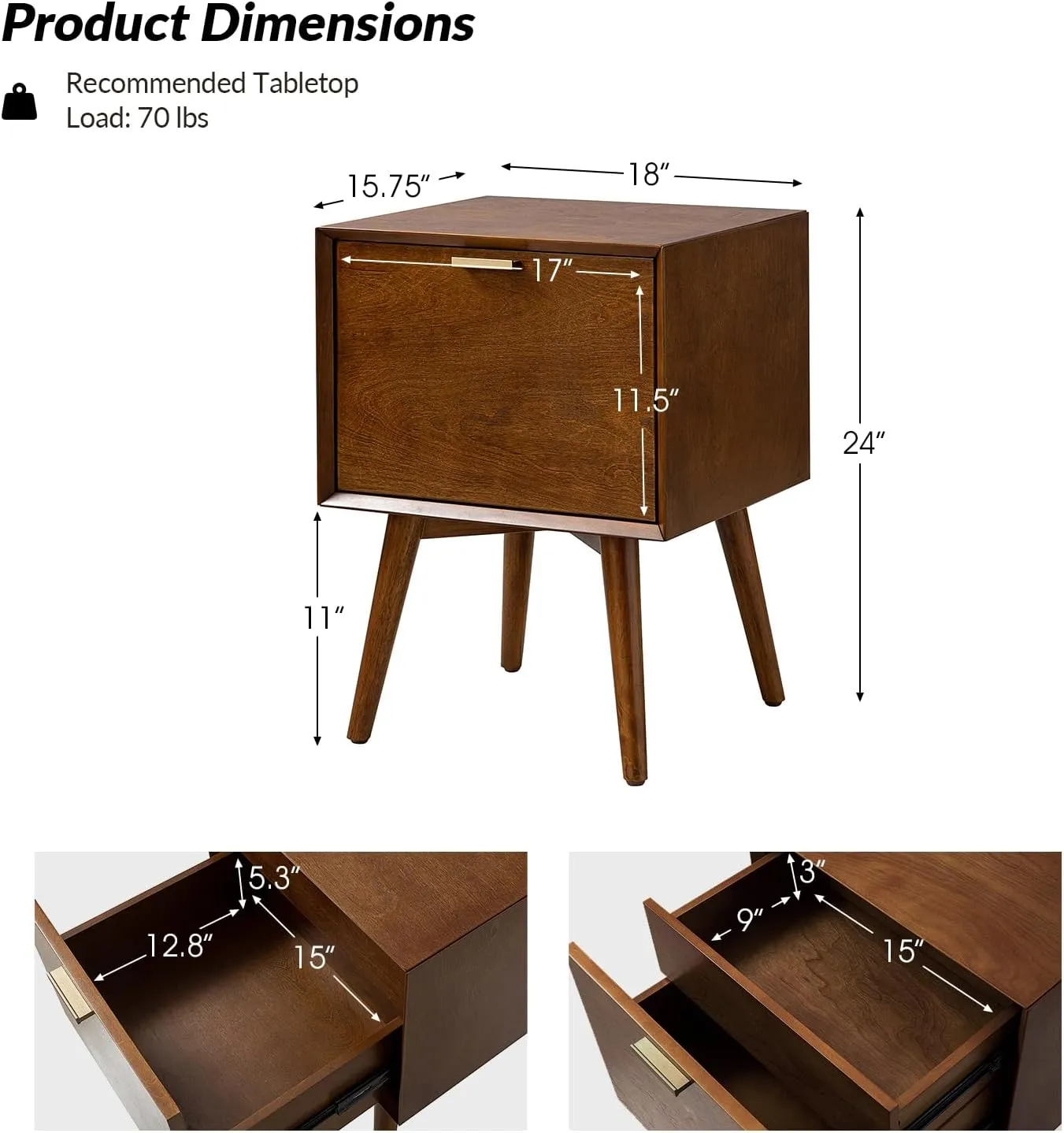HULALA HOME Nightstand with Charging Station, Mid-Century Modern Nightstands, Wood Night Stand with USB Ports and Outlets for Bedroom, Walnut