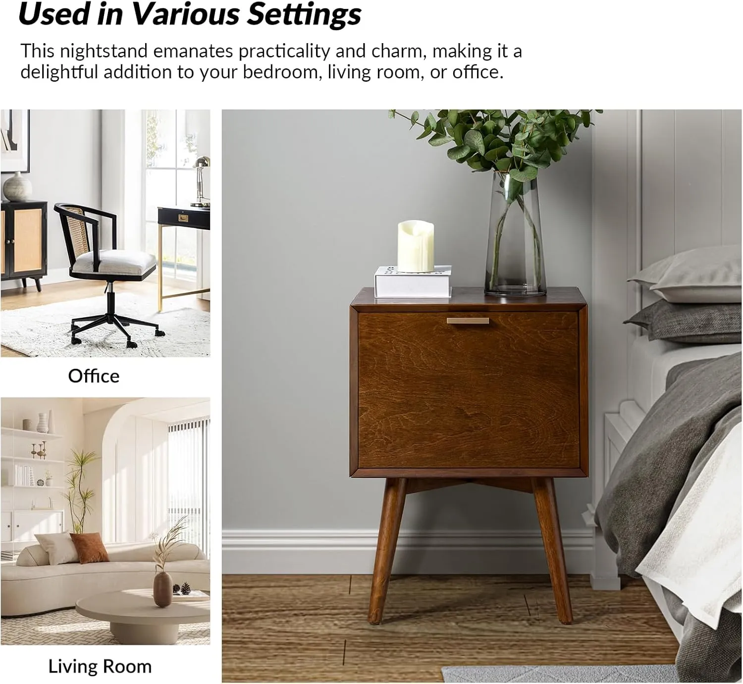 HULALA HOME Nightstand with Charging Station, Mid-Century Modern Nightstands, Wood Night Stand with USB Ports and Outlets for Bedroom, Walnut