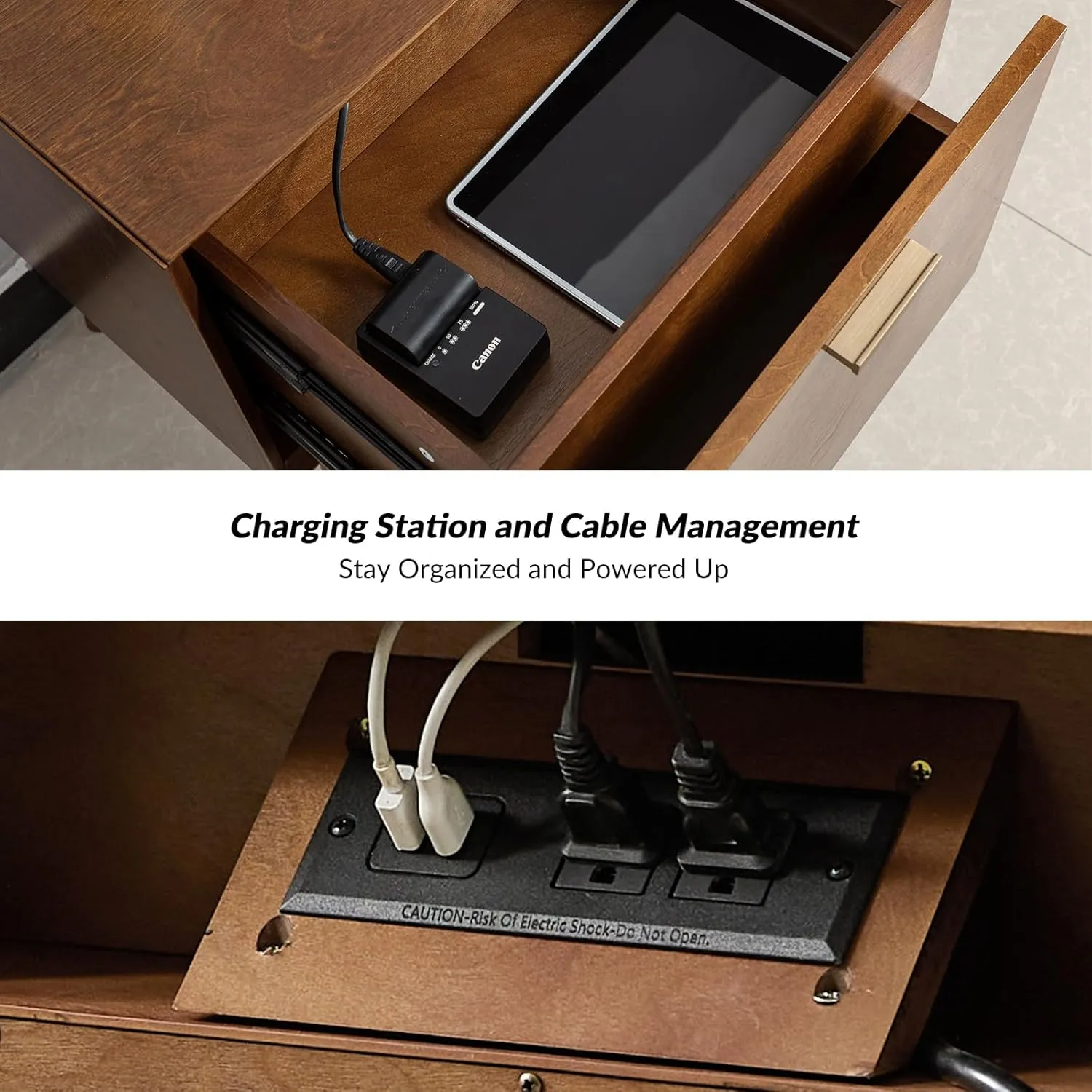 HULALA HOME Nightstand with Charging Station, Mid-Century Modern Nightstands, Wood Night Stand with USB Ports and Outlets for Bedroom, Walnut
