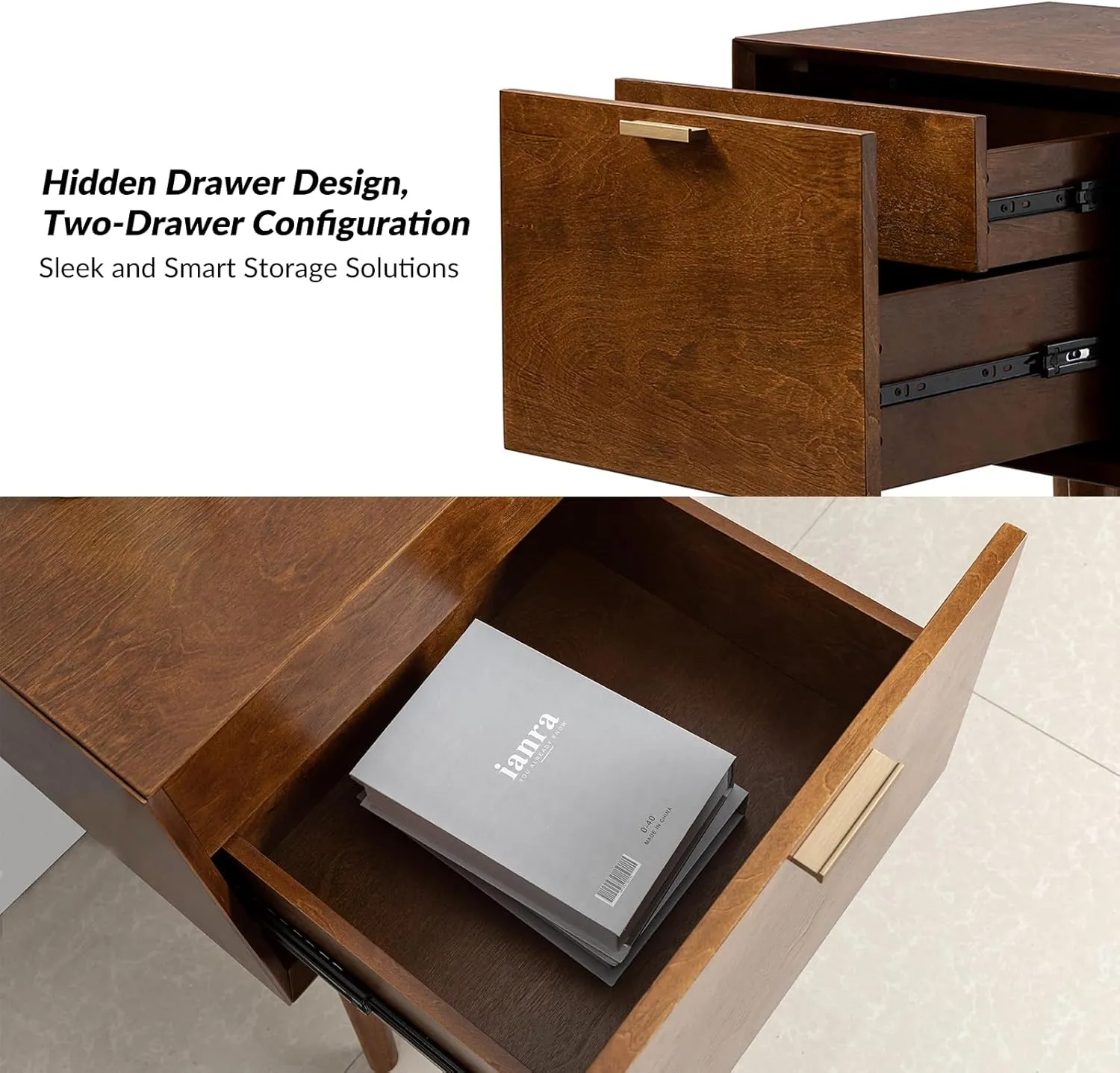 HULALA HOME Nightstand with Charging Station, Mid-Century Modern Nightstands, Wood Night Stand with USB Ports and Outlets for Bedroom, Walnut