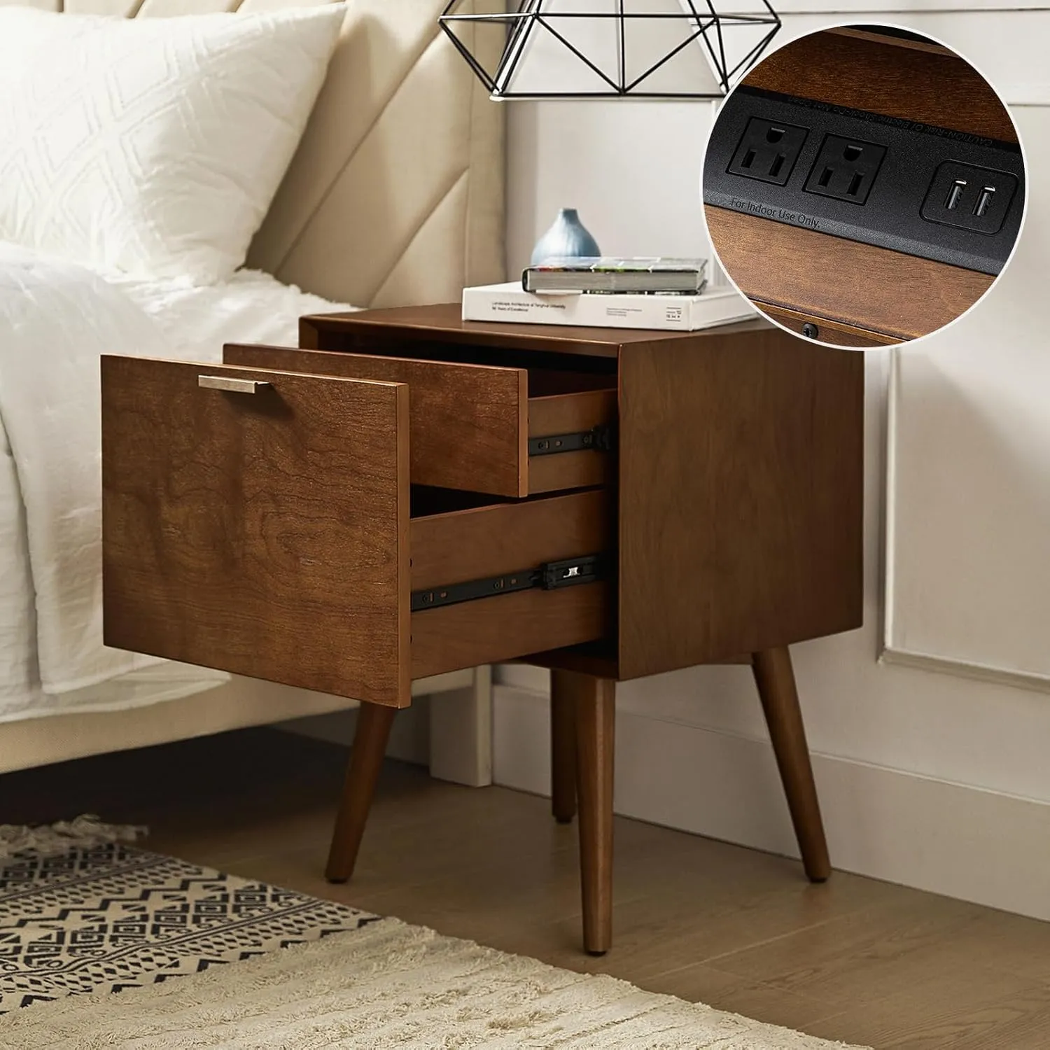 HULALA HOME Nightstand with Charging Station, Mid-Century Modern Nightstands, Wood Night Stand with USB Ports and Outlets for Bedroom, Walnut