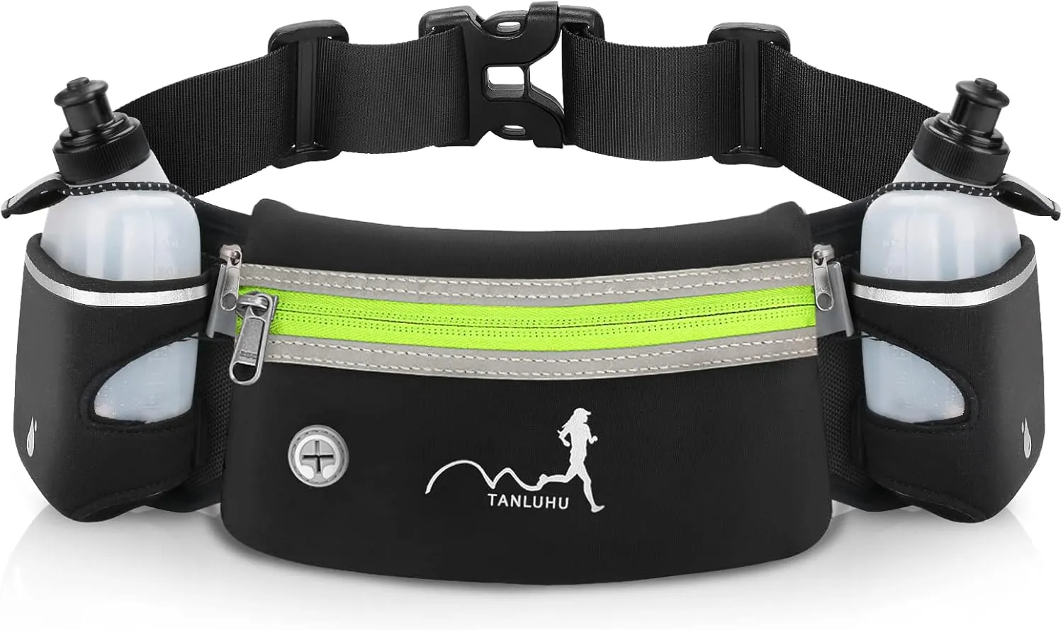 Hydration Running Belt with Water Bottles(2 x 300ML), Luckit Upgraded Nylon Webbing Running Waist Bag Reflective Bum Bag Adjustable Sports Waist Pouch for Marathon Running Hiking Camping Jogging