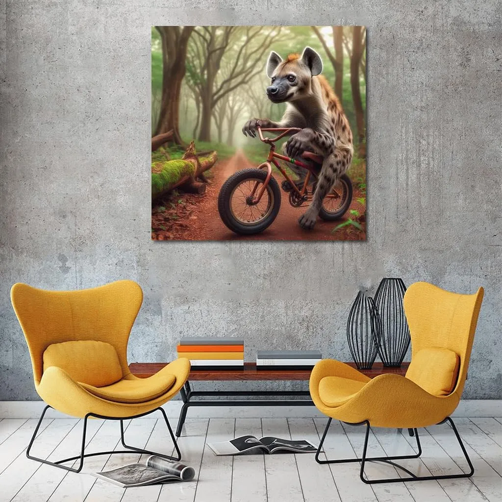 Hyena on a Bicycle in the Mysterious Forest: Bright and Humorous Interior Decor - Wall Art, Canvas Print, Poster, Painting for Home Decor [Poster 30x20]