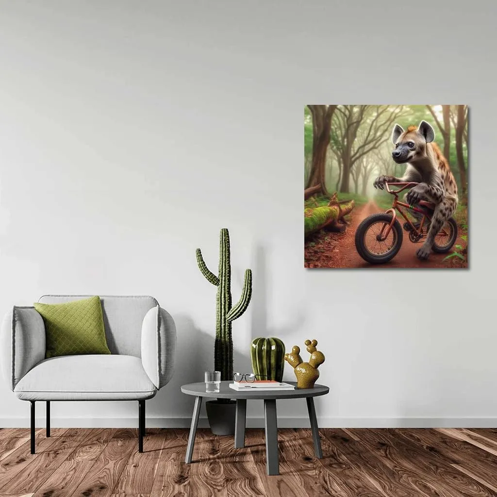 Hyena on a Bicycle in the Mysterious Forest: Bright and Humorous Interior Decor - Wall Art, Canvas Print, Poster, Painting for Home Decor [Poster 30x20]