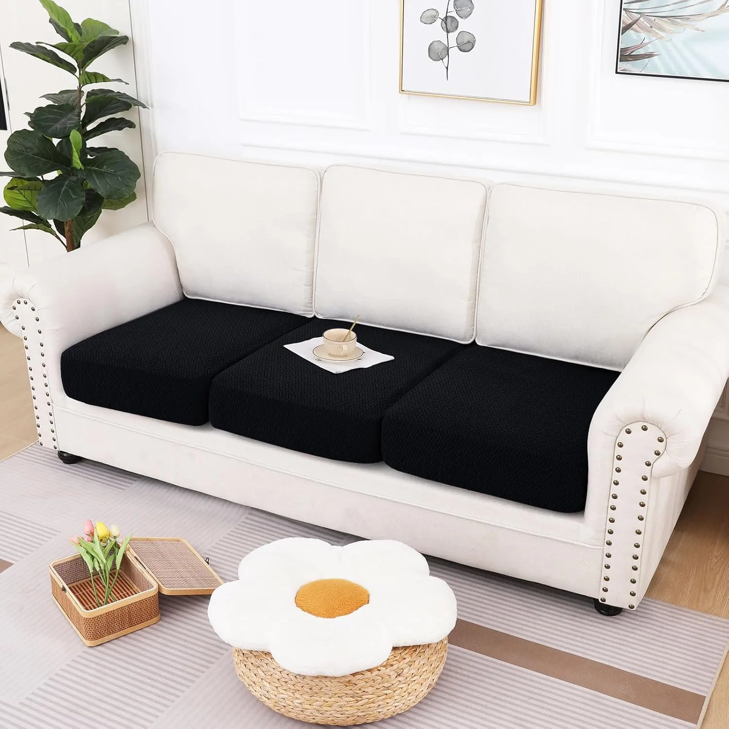 hyha Waterproof Couch Cushion Covers, Wear Resistant Couch Cover, Anti Slip Sofa Slipcovers Washable, Soft Thick Jacquard Furniture Protector for Pets Dog (3 Packs, Black)