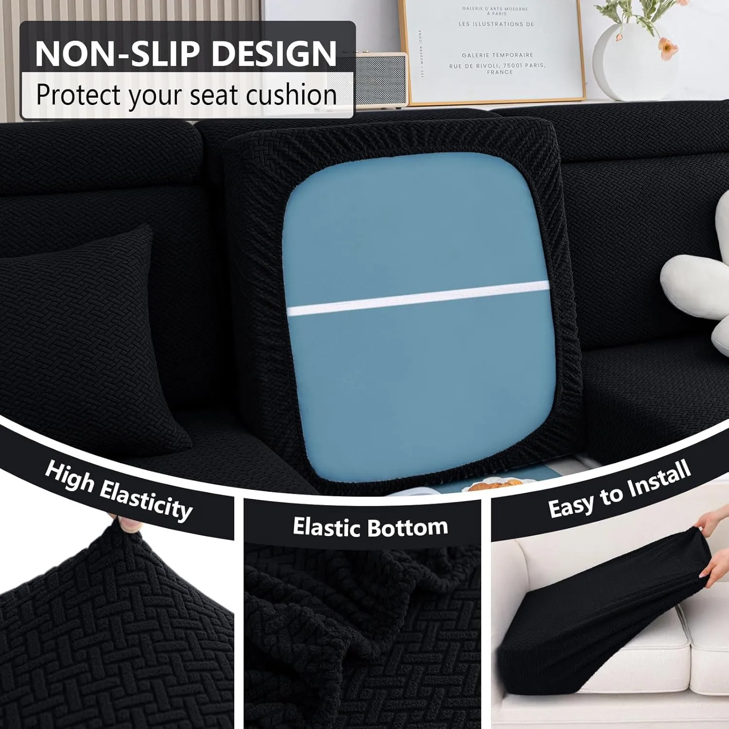 hyha Waterproof Couch Cushion Covers, Wear Resistant Couch Cover, Anti Slip Sofa Slipcovers Washable, Soft Thick Jacquard Furniture Protector for Pets Dog (3 Packs, Black)