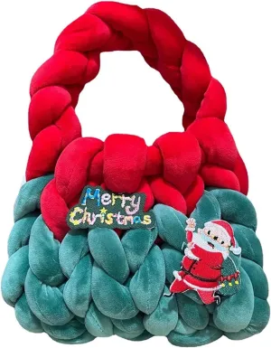 Icelandic Woven Bag Women Hand-Woven Bag Icelandic Wool Chunky Knit Bag Hollow Out Soft Contrast Color with Short Handle Ladies Christmas Santa Bag for Shopping Travel