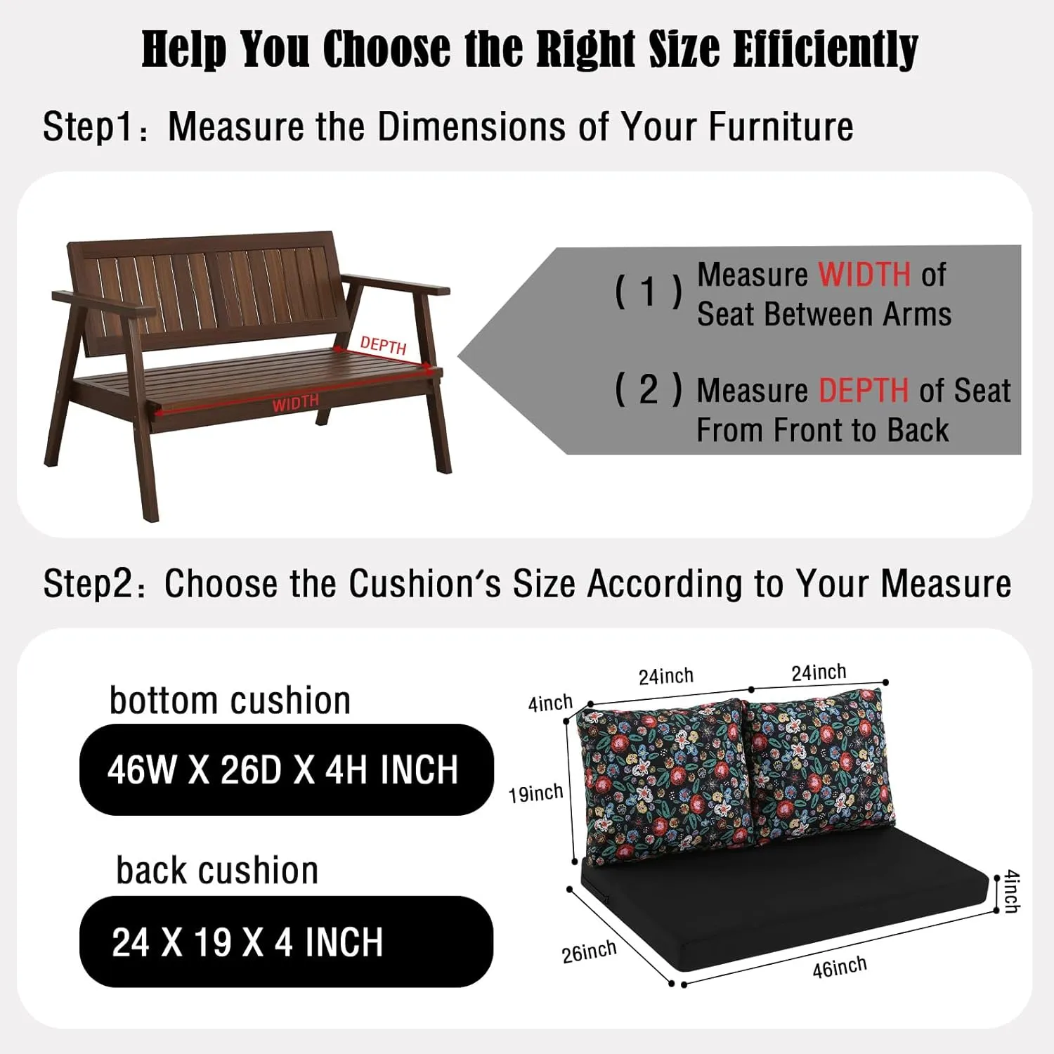 idee-home Outdoor Loveseat Cushions for Patio Furniture, Waterproof Couch Hampton Bay Deep Seat Cushion Replacement Set 46" x 26", Patio Love Seat Sofa Cushions for Porch Garden Chair, Black Pattern
