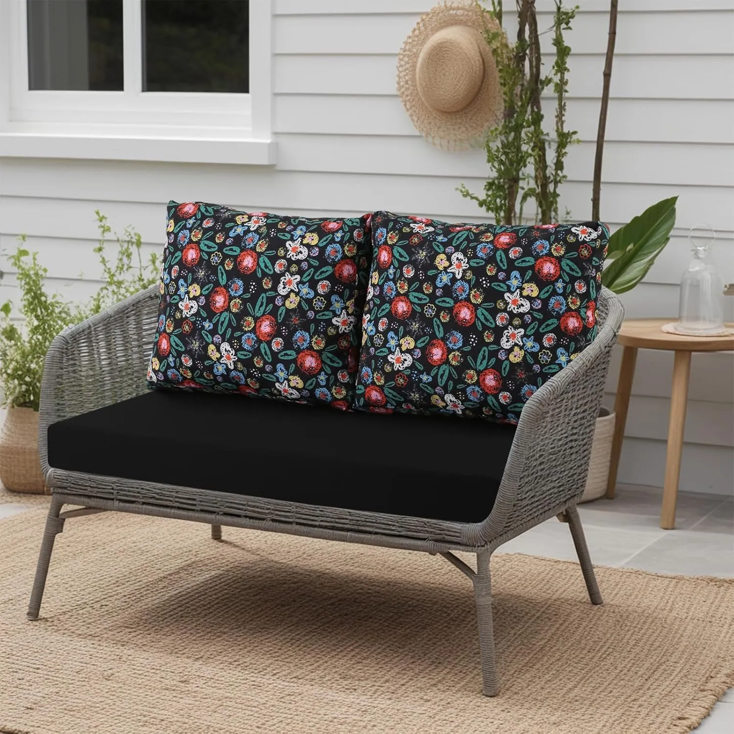 idee-home Outdoor Loveseat Cushions for Patio Furniture, Waterproof Couch Hampton Bay Deep Seat Cushion Replacement Set 46" x 26", Patio Love Seat Sofa Cushions for Porch Garden Chair, Black Pattern