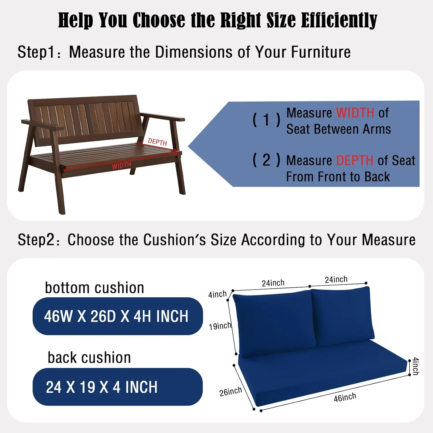 idee-home Outdoor Loveseat Cushions for Patio Furniture, Waterproof Couch Hampton Bay Deep Seat Cushion Replacement Set 46" x 26", Patio Love Seat Sofa Cushions for Porch Garden Chair, Navy Blue