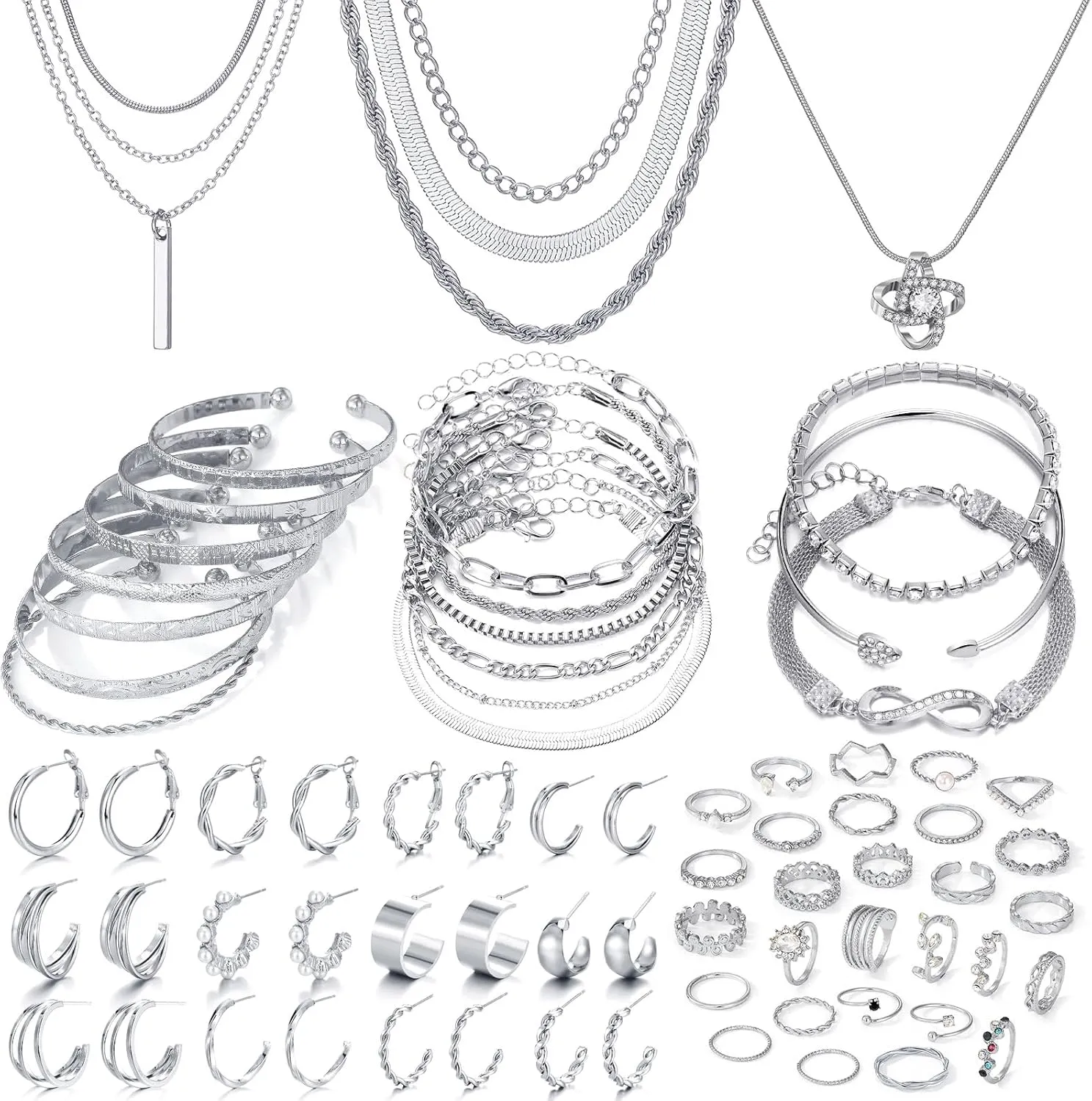 IFKM 36 PC Silver Plated Jewelry Set With 3 Necklace, 12 Bracelet, 7 Ear Cuffs Earring, 14 Knuckle Rings For Women Girls Valentine Anniversary Birthday Friendship Gift