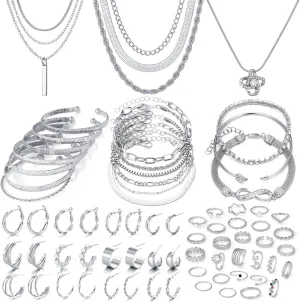 IFKM 36 PC Silver Plated Jewelry Set With 3 Necklace, 12 Bracelet, 7 Ear Cuffs Earring, 14 Knuckle Rings For Women Girls Valentine Anniversary Birthday Friendship Gift
