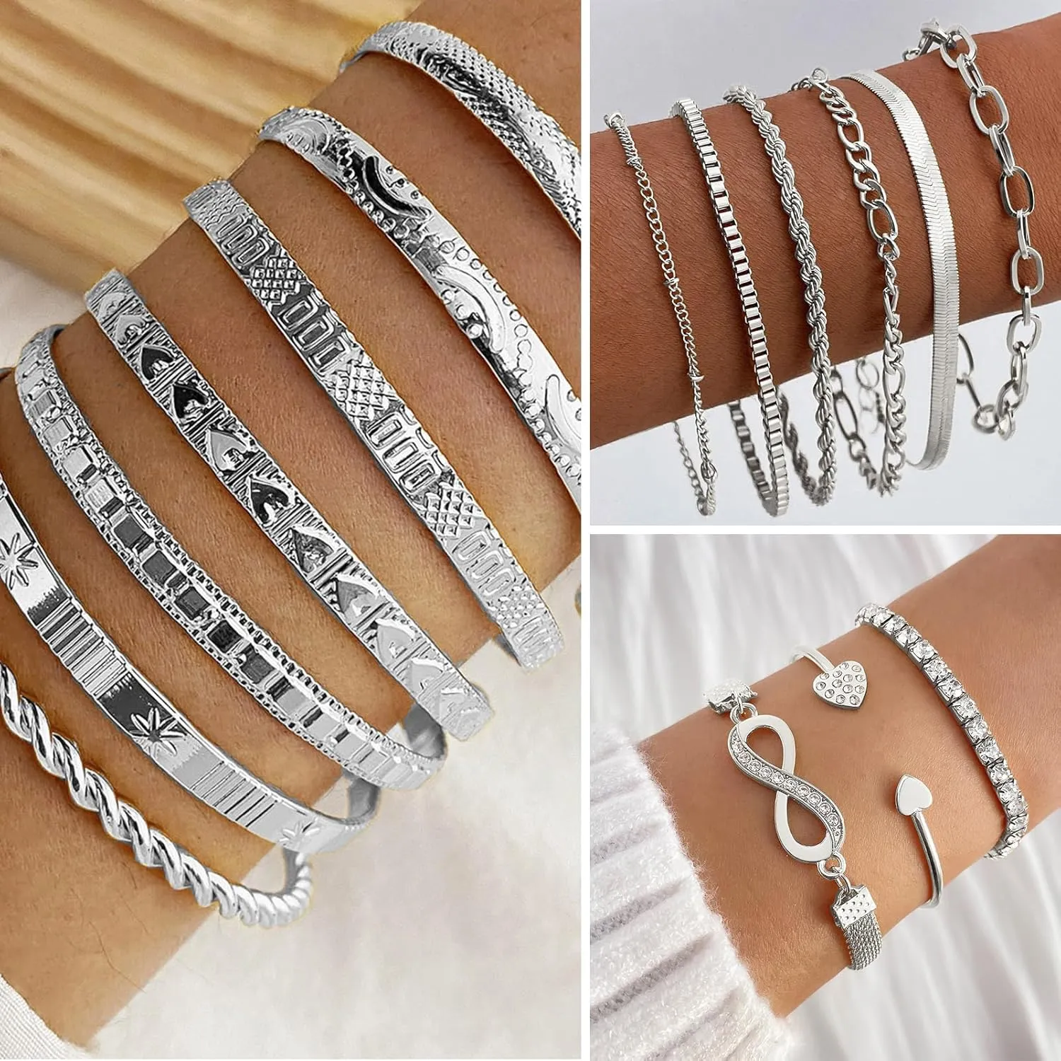 IFKM 36 PC Silver Plated Jewelry Set With 3 Necklace, 12 Bracelet, 7 Ear Cuffs Earring, 14 Knuckle Rings For Women Girls Valentine Anniversary Birthday Friendship Gift