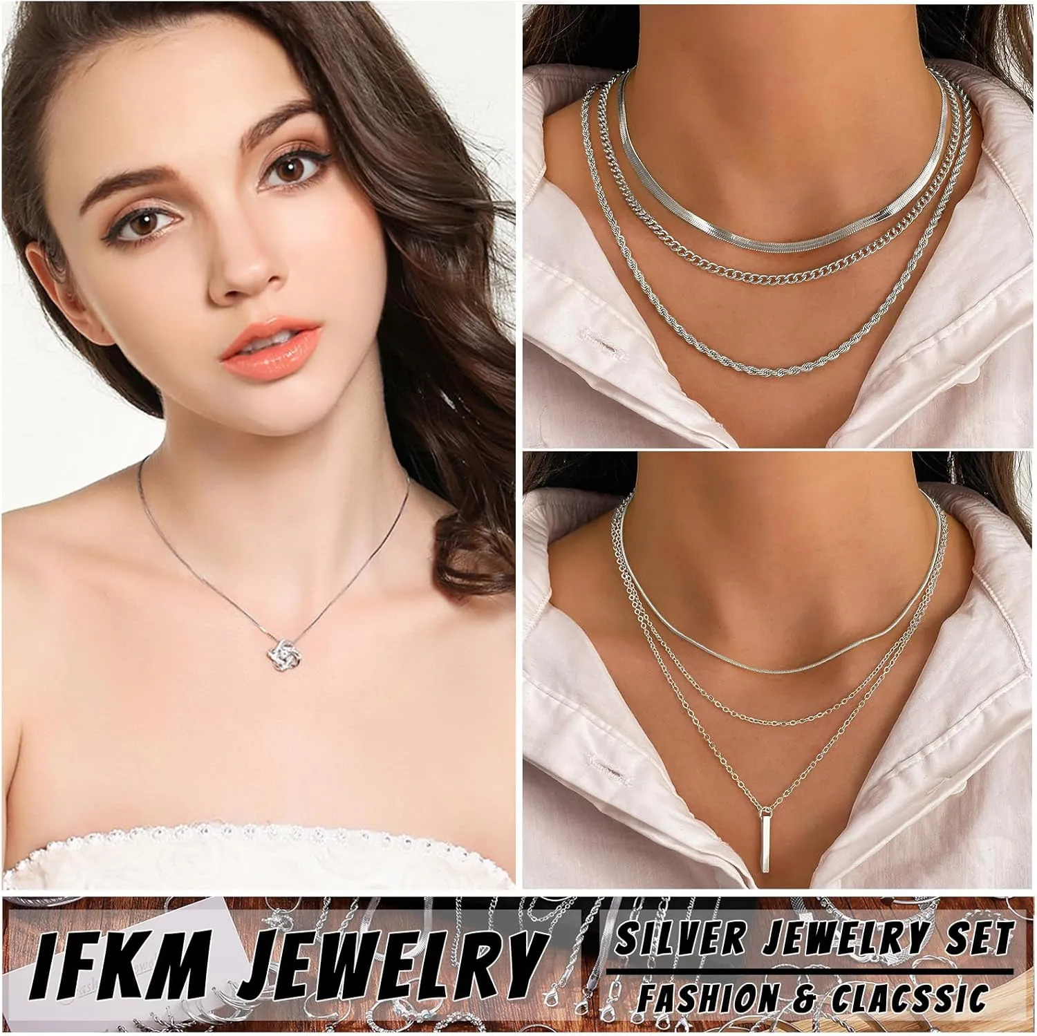 IFKM 36 PC Silver Plated Jewelry Set With 3 Necklace, 12 Bracelet, 7 Ear Cuffs Earring, 14 Knuckle Rings For Women Girls Valentine Anniversary Birthday Friendship Gift